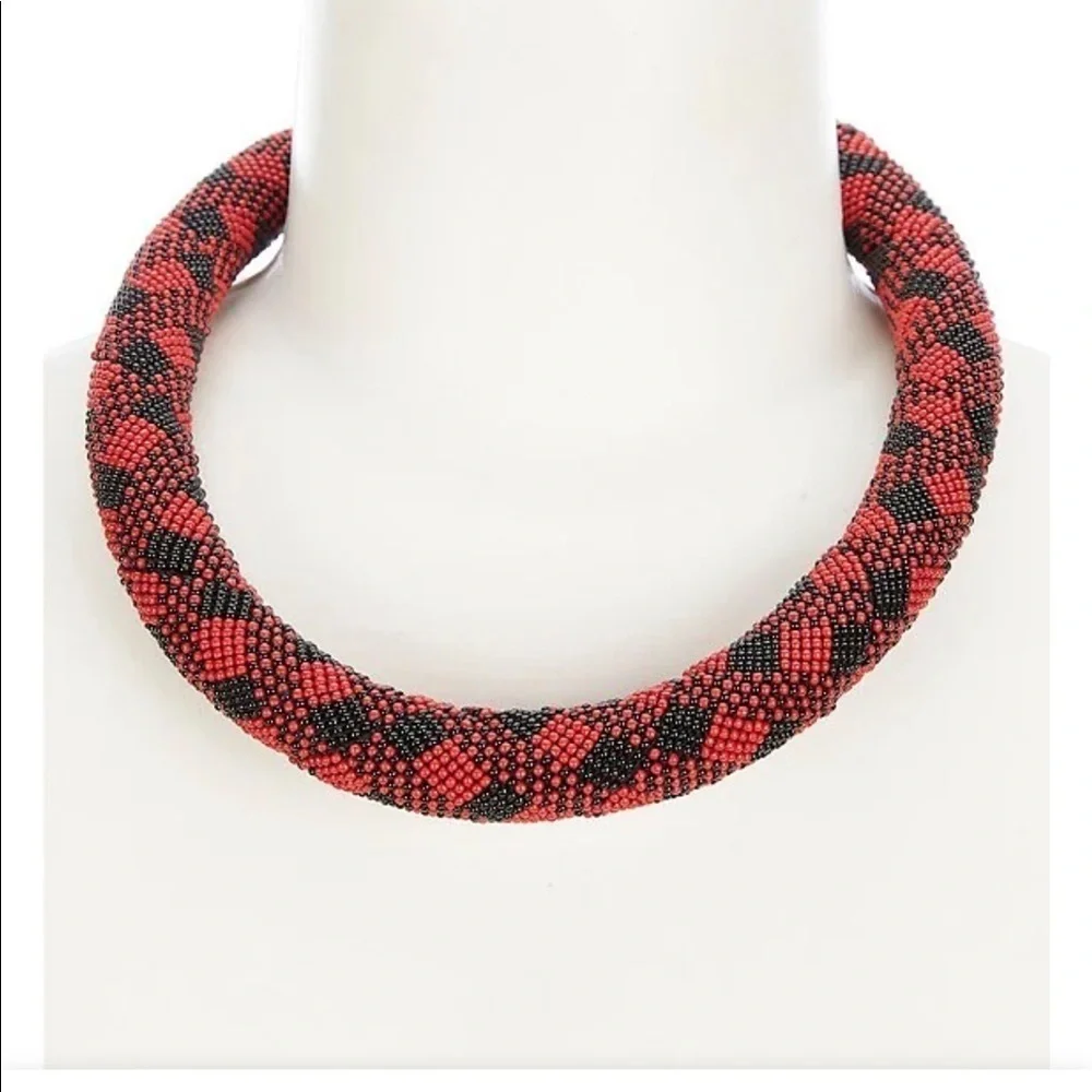 Southern Living Red & Black Beaded Plaid Collar Necklace NWT